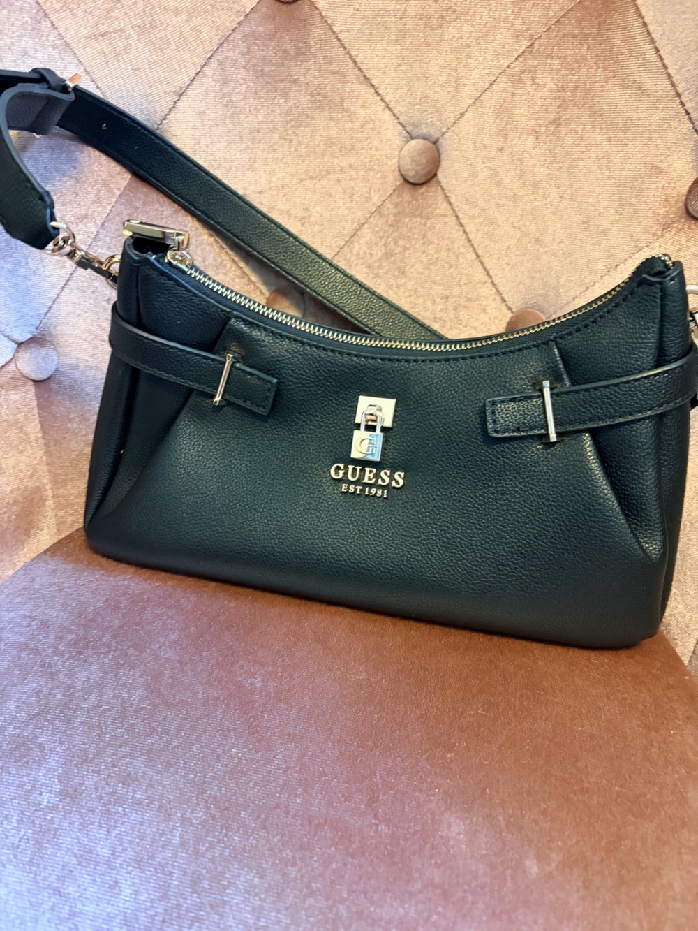 GUESS Yesba Small Top Zip Shoulder Bag Black Pebbled Faux Leather Gold Lock NWOT